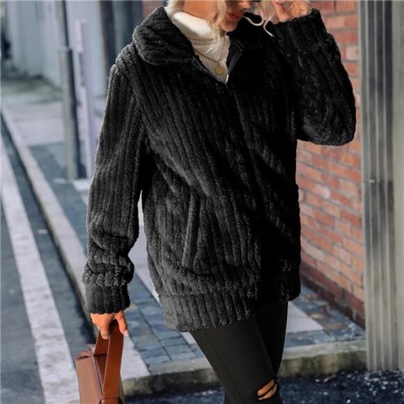 Women's Fleece Jacket Full Zip Long Sleeve Lapel Collar Sherpa Coat with Pockets - Picture 4 of 6